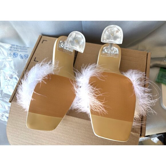 White Feathered Open-Toe Heels With Clear Strap & Square Toe By Llurujia Size 11 - Picture 4 of 5